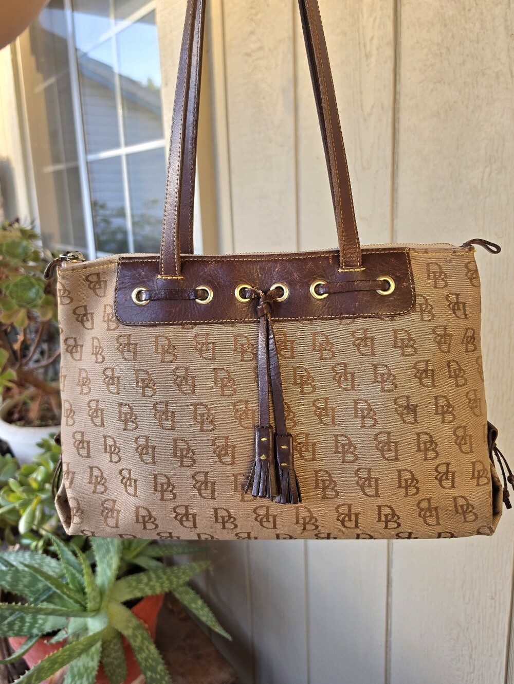 Dooney & Bourke Tan and Brown Monogram Shoulder Tote Bag